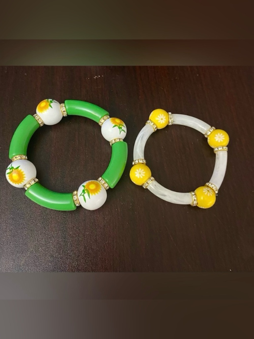 Floral Green Yellow Bangle  Beaded Bracelet Set